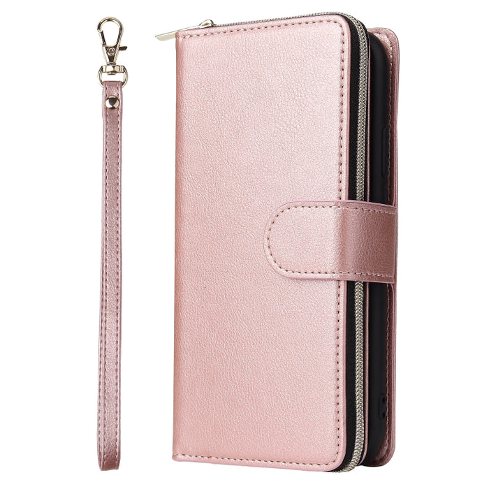 Cartera con cremallera Funda de cuero de PU con tapa horizontal con soporte y 9 ranuras para tarjetas y billetera y cordón y marco de fotos