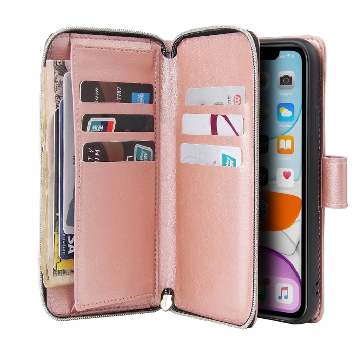 Cartera con cremallera Funda de cuero de PU con tapa horizontal con soporte y 9 ranuras para tarjetas y billetera y cordón y marco de fotos