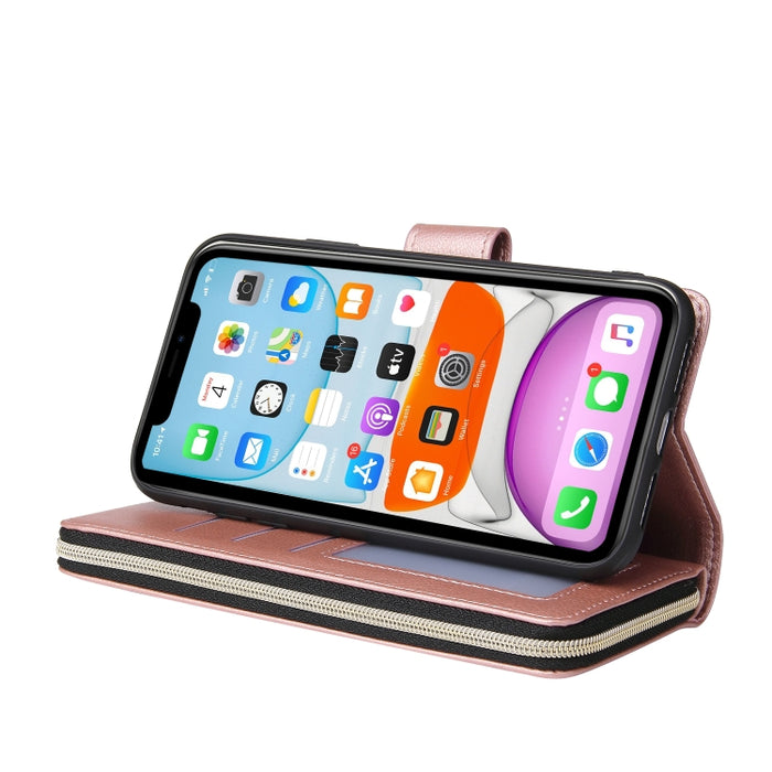 Cartera con cremallera Funda de cuero de PU con tapa horizontal con soporte y 9 ranuras para tarjetas y billetera y cordón y marco de fotos