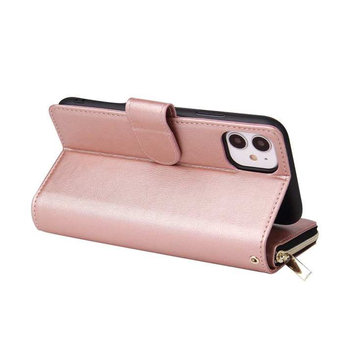 Cartera con cremallera Funda de cuero de PU con tapa horizontal con soporte y 9 ranuras para tarjetas y billetera y cordón y marco de fotos