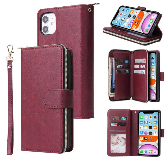 Cartera con cremallera Funda de cuero de PU con tapa horizontal con soporte y 9 ranuras para tarjetas y billetera y cordón y marco de fotos