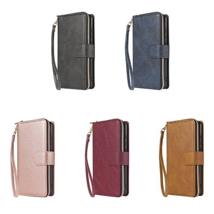 Cartera con cremallera Funda de cuero de PU con tapa horizontal con soporte y 9 ranuras para tarjetas y billetera y cordón y marco de fotos
