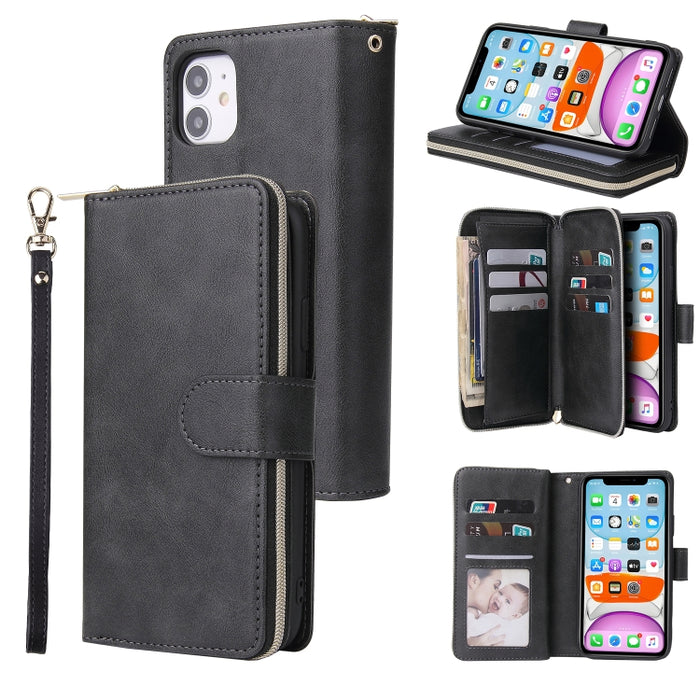 Cartera con cremallera Funda de cuero de PU con tapa horizontal con soporte y 9 ranuras para tarjetas y billetera y cordón y marco de fotos