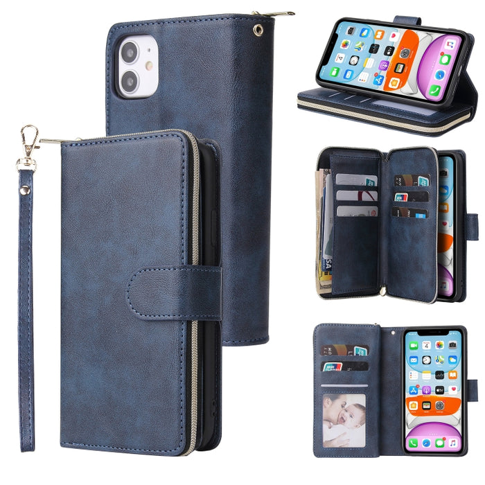Cartera con cremallera Funda de cuero de PU con tapa horizontal con soporte y 9 ranuras para tarjetas y billetera y cordón y marco de fotos