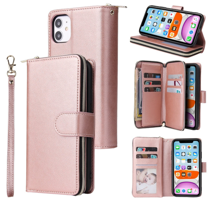Cartera con cremallera Funda de cuero de PU con tapa horizontal con soporte y 9 ranuras para tarjetas y billetera y cordón y marco de fotos