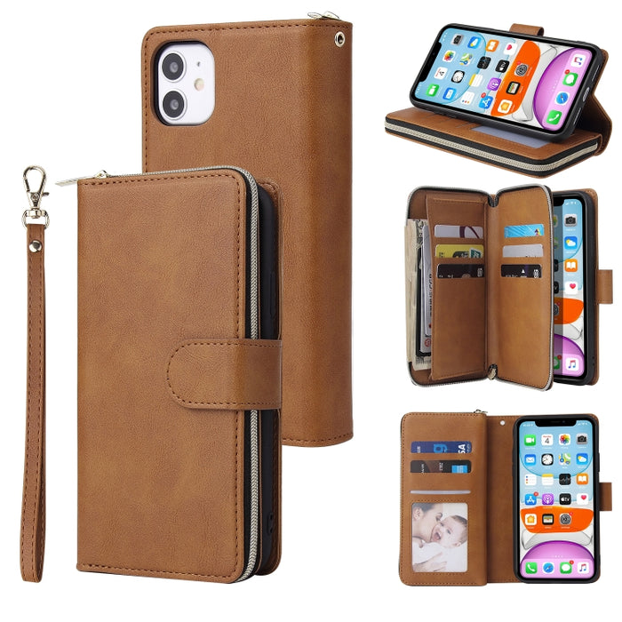 Cartera con cremallera Funda de cuero de PU con tapa horizontal con soporte y 9 ranuras para tarjetas y billetera y cordón y marco de fotos