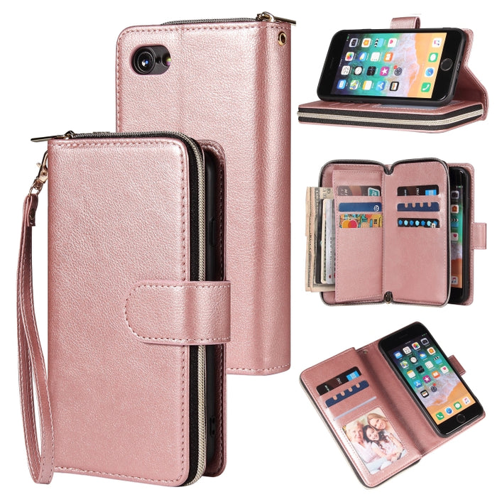 Cartera con cremallera Funda de cuero de PU con tapa horizontal con soporte y 9 ranuras para tarjetas y billetera y cordón y marco de fotos