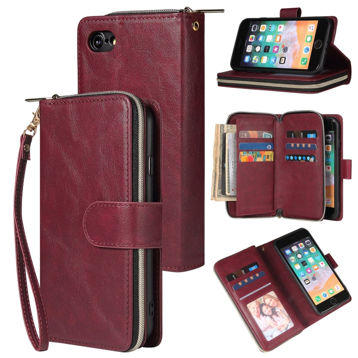 Cartera con cremallera Funda de cuero de PU con tapa horizontal con soporte y 9 ranuras para tarjetas y billetera y cordón y marco de fotos