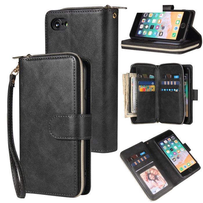 Cartera con cremallera Funda de cuero de PU con tapa horizontal con soporte y 9 ranuras para tarjetas y billetera y cordón y marco de fotos