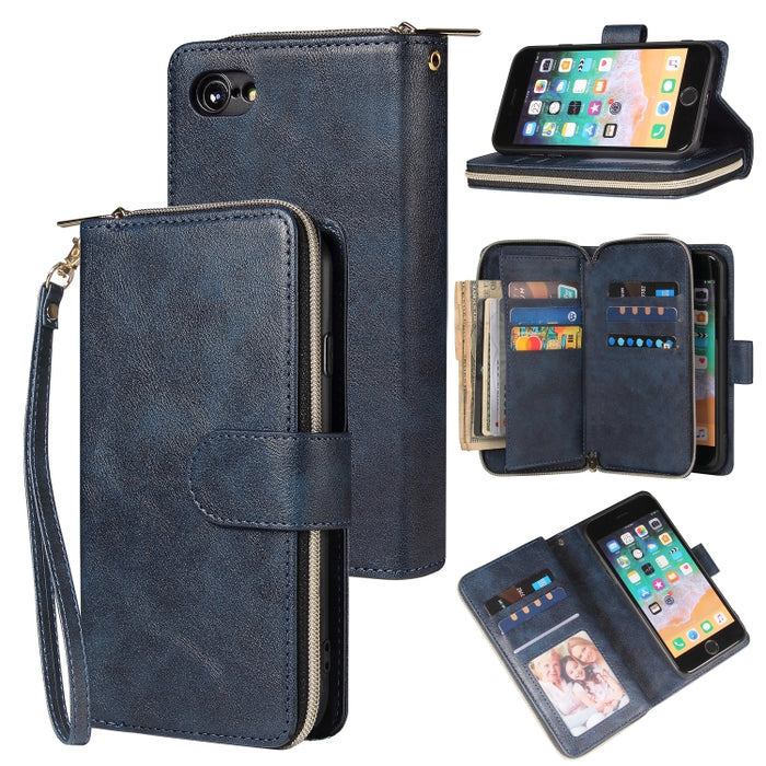 Cartera con cremallera Funda de cuero de PU con tapa horizontal con soporte y 9 ranuras para tarjetas y billetera y cordón y marco de fotos