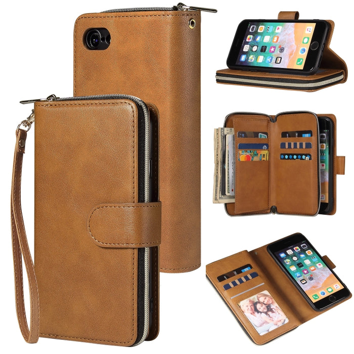 Cartera con cremallera Funda de cuero de PU con tapa horizontal con soporte y 9 ranuras para tarjetas y billetera y cordón y marco de fotos