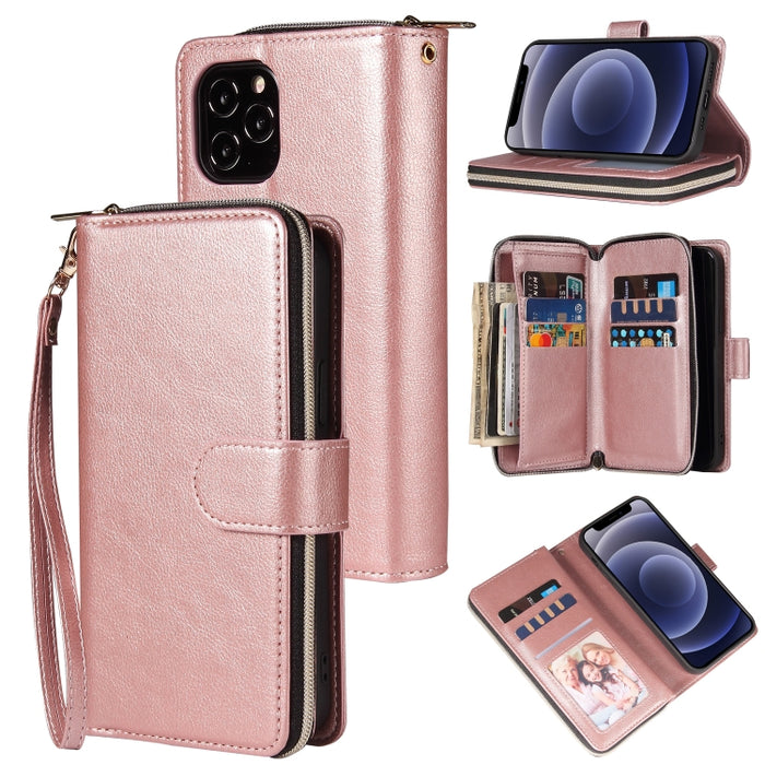 Cartera con cremallera Funda de cuero de PU con tapa horizontal con soporte y 9 ranuras para tarjetas y billetera y cordón y marco de fotos