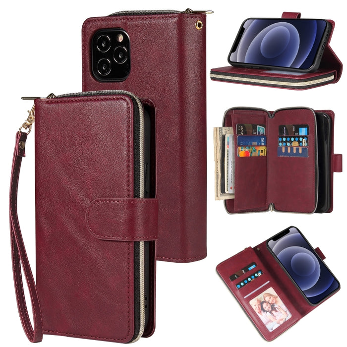 Cartera con cremallera Funda de cuero de PU con tapa horizontal con soporte y 9 ranuras para tarjetas y billetera y cordón y marco de fotos