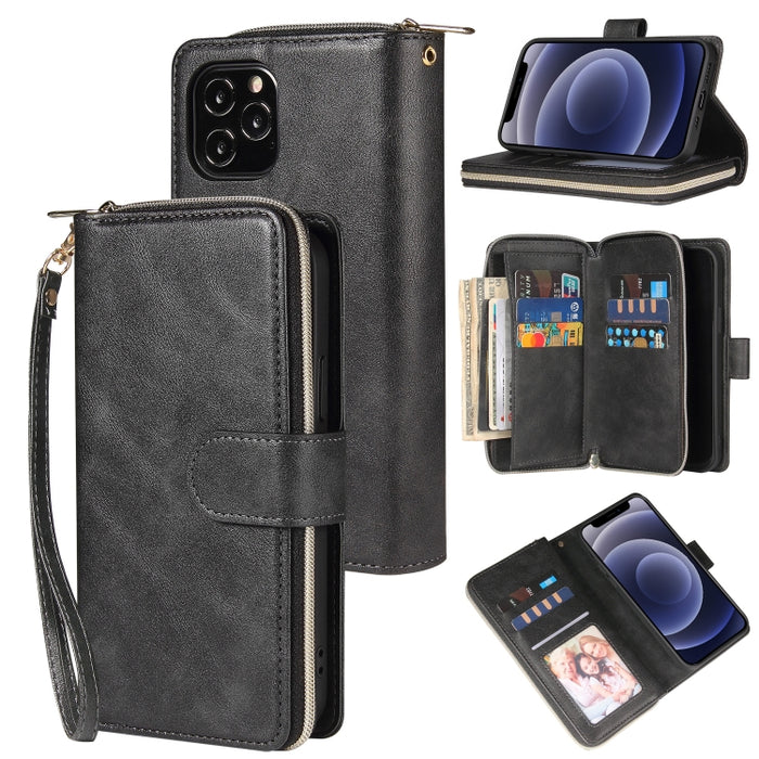 Cartera con cremallera Funda de cuero de PU con tapa horizontal con soporte y 9 ranuras para tarjetas y billetera y cordón y marco de fotos