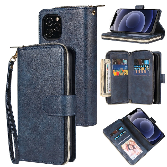 Cartera con cremallera Funda de cuero de PU con tapa horizontal con soporte y 9 ranuras para tarjetas y billetera y cordón y marco de fotos