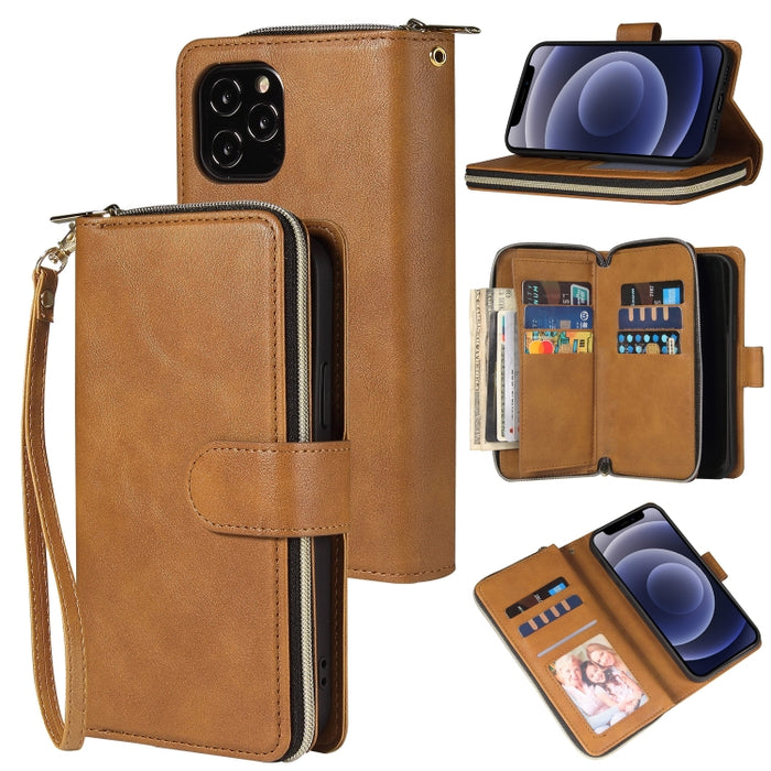 Cartera con cremallera Funda de cuero de PU con tapa horizontal con soporte y 9 ranuras para tarjetas y billetera y cordón y marco de fotos