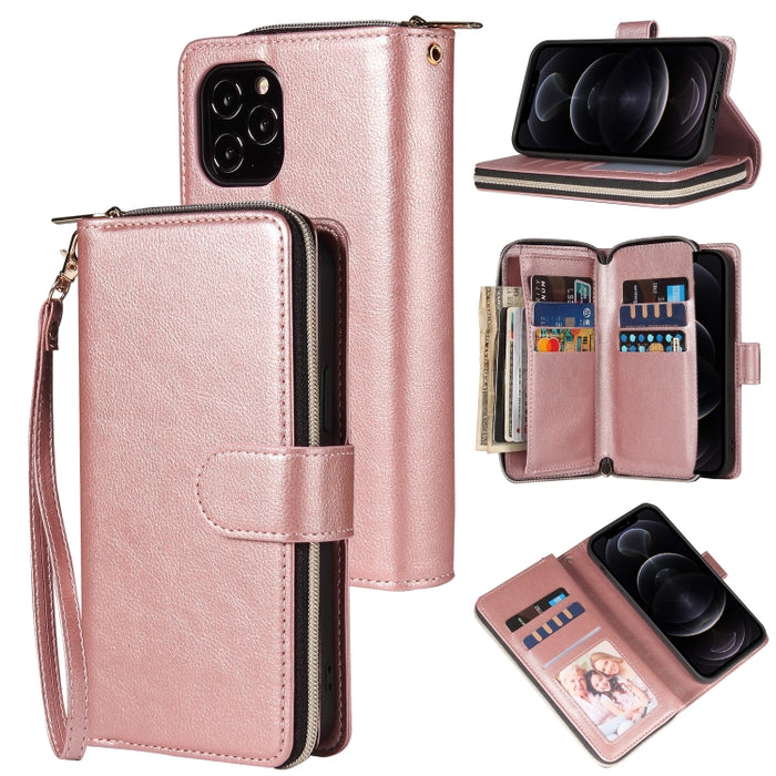 Cartera con cremallera Funda de cuero de PU con tapa horizontal con soporte y 9 ranuras para tarjetas y billetera y cordón y marco de fotos