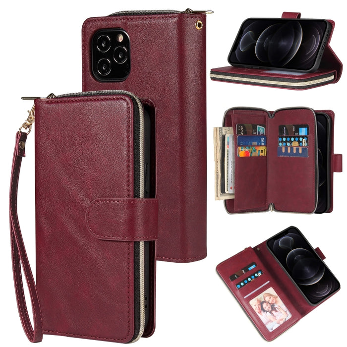 Cartera con cremallera Funda de cuero de PU con tapa horizontal con soporte y 9 ranuras para tarjetas y billetera y cordón y marco de fotos