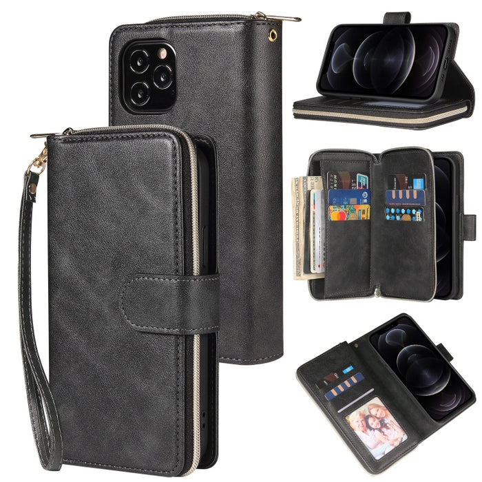 Cartera con cremallera Funda de cuero de PU con tapa horizontal con soporte y 9 ranuras para tarjetas y billetera y cordón y marco de fotos