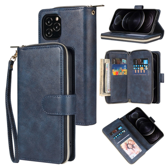 Cartera con cremallera Funda de cuero de PU con tapa horizontal con soporte y 9 ranuras para tarjetas y billetera y cordón y marco de fotos