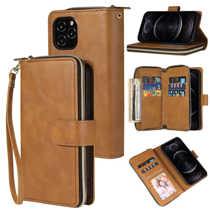 Cartera con cremallera Funda de cuero de PU con tapa horizontal con soporte y 9 ranuras para tarjetas y billetera y cordón y marco de fotos