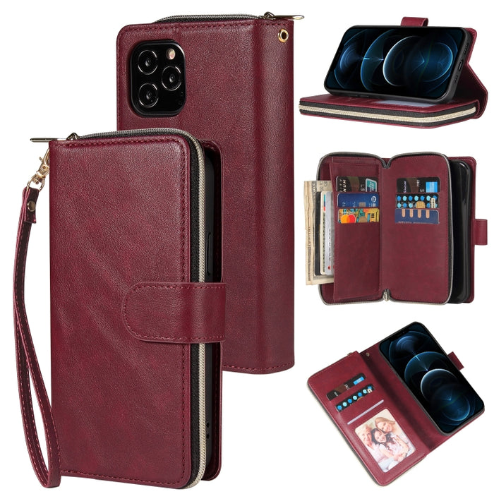 Cartera con cremallera Funda de cuero de PU con tapa horizontal con soporte y 9 ranuras para tarjetas y billetera y cordón y marco de fotos