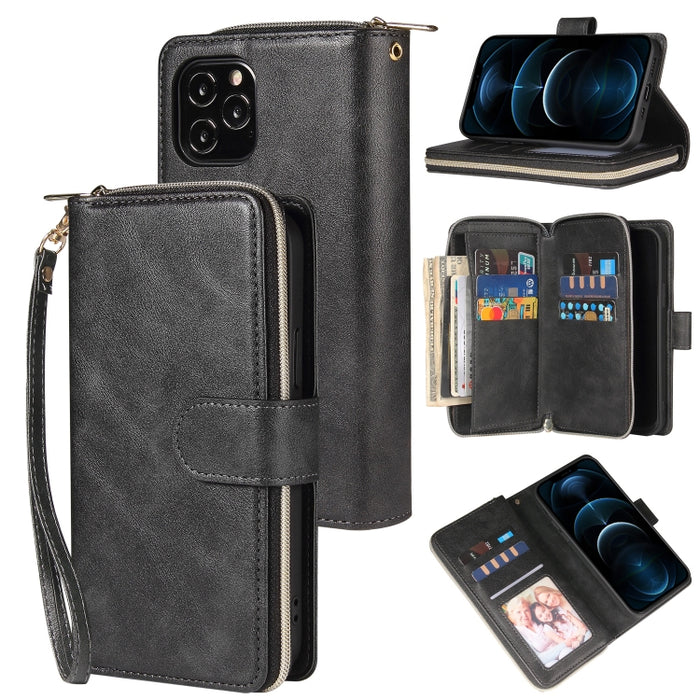 Cartera con cremallera Funda de cuero de PU con tapa horizontal con soporte y 9 ranuras para tarjetas y billetera y cordón y marco de fotos