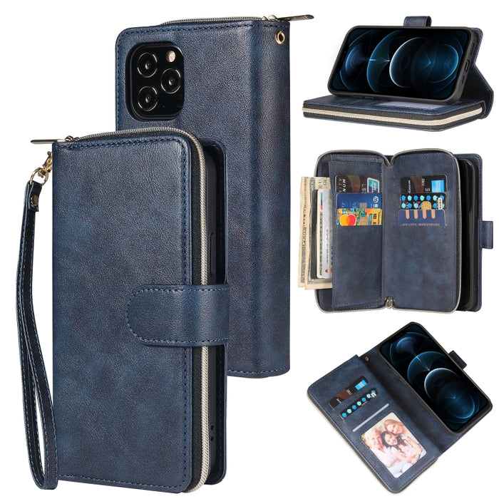 Cartera con cremallera Funda de cuero de PU con tapa horizontal con soporte y 9 ranuras para tarjetas y billetera y cordón y marco de fotos