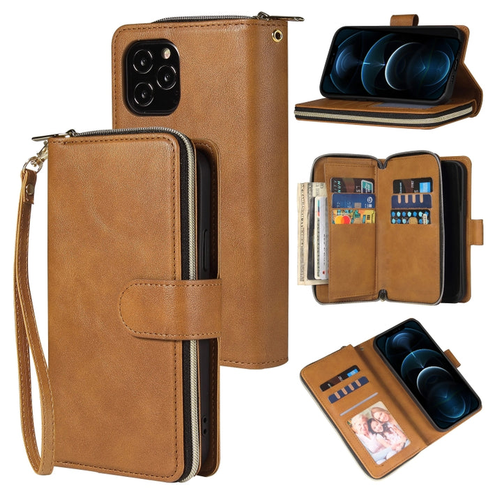 Cartera con cremallera Funda de cuero de PU con tapa horizontal con soporte y 9 ranuras para tarjetas y billetera y cordón y marco de fotos
