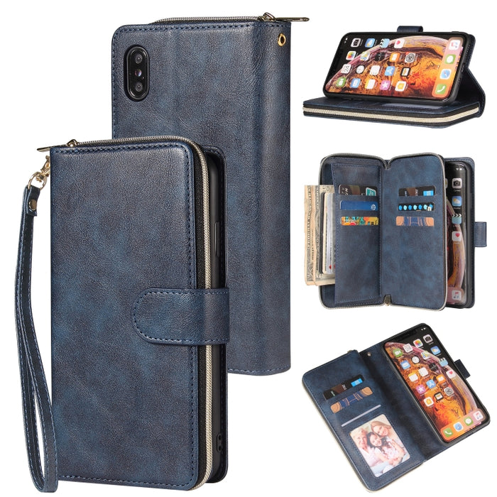 Cartera con cremallera Funda de cuero de PU con tapa horizontal con soporte y 9 ranuras para tarjetas y billetera y cordón y marco de fotos