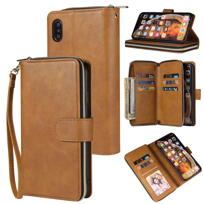 Cartera con cremallera Funda de cuero de PU con tapa horizontal con soporte y 9 ranuras para tarjetas y billetera y cordón y marco de fotos