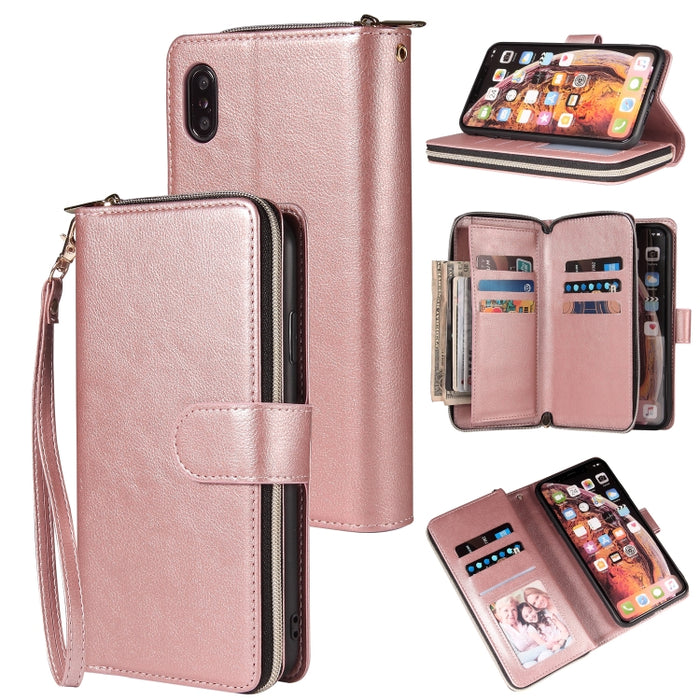 Cartera con cremallera Funda de cuero de PU con tapa horizontal con soporte y 9 ranuras para tarjetas y billetera y cordón y marco de fotos