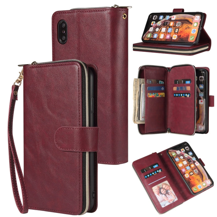 Cartera con cremallera Funda de cuero de PU con tapa horizontal con soporte y 9 ranuras para tarjetas y billetera y cordón y marco de fotos