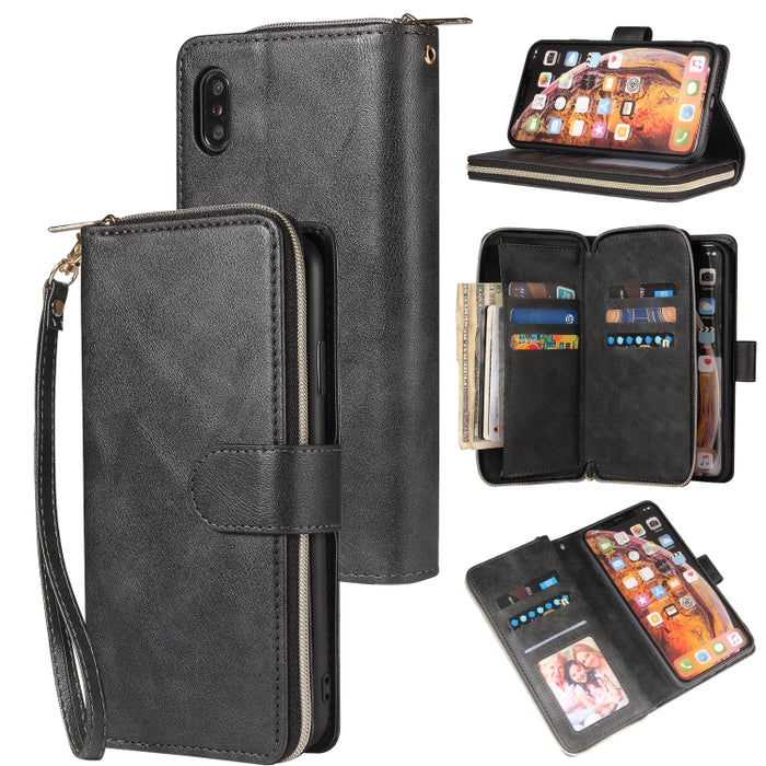 Cartera con cremallera Funda de cuero de PU con tapa horizontal con soporte y 9 ranuras para tarjetas y billetera y cordón y marco de fotos