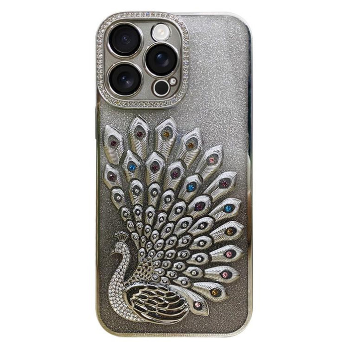 Funda para teléfono de TPU galvanizada con relieve de pavo real, diamantes de imitación y purpurina, con protector de lente., For iPhone 13 Pro, For iPhone 13, For iPhone 11