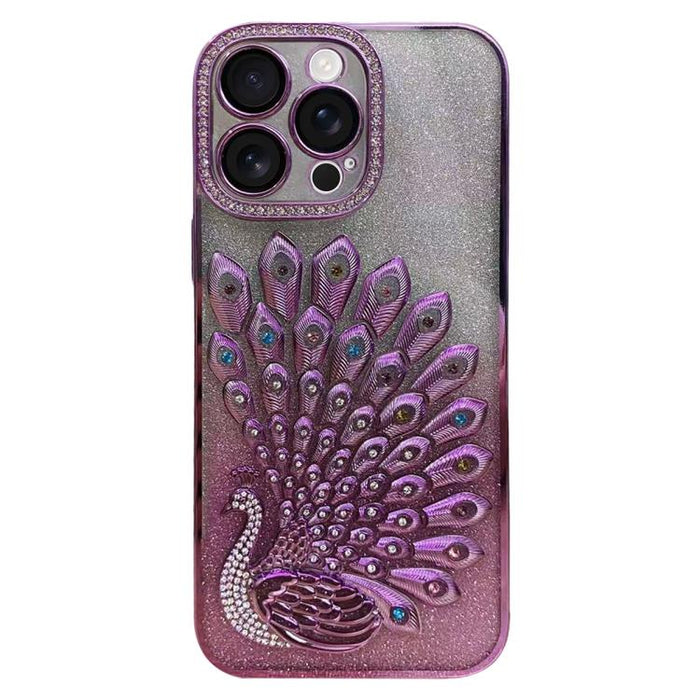 Funda para teléfono de TPU galvanizada con relieve de pavo real, diamantes de imitación y purpurina, con protector de lente., For iPhone 13 Pro, For iPhone 13, For iPhone 11