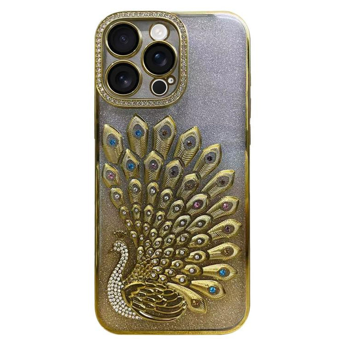 Funda para teléfono de TPU galvanizada con relieve de pavo real, diamantes de imitación y purpurina, con protector de lente., For iPhone 13 Pro, For iPhone 13, For iPhone 11