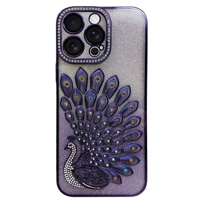 Funda para teléfono de TPU galvanizada con relieve de pavo real, diamantes de imitación y purpurina, con protector de lente., For iPhone 13 Pro, For iPhone 13, For iPhone 11