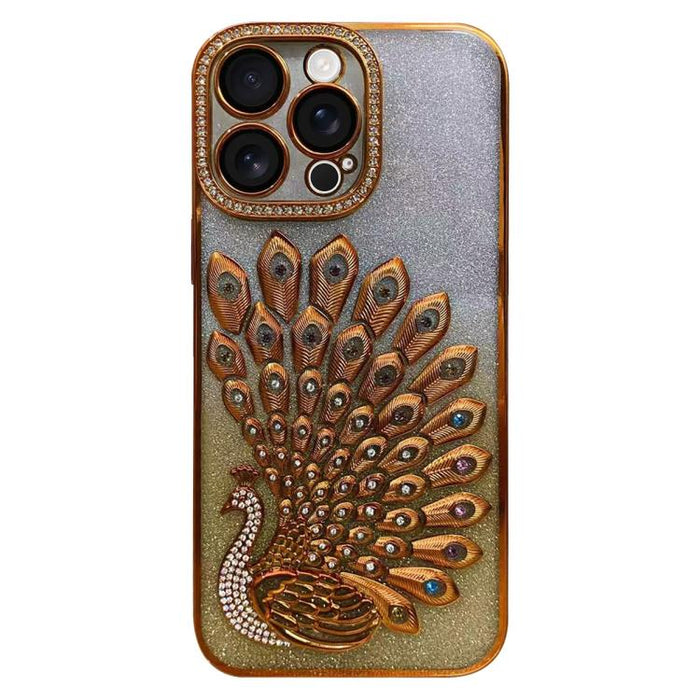 Funda para teléfono de TPU galvanizada con relieve de pavo real, diamantes de imitación y purpurina, con protector de lente., For iPhone 13 Pro, For iPhone 13, For iPhone 11