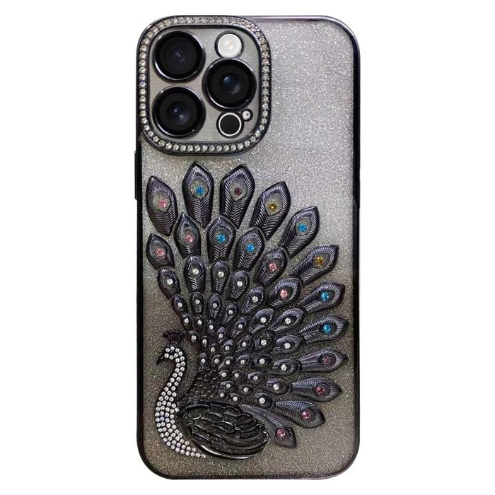 Funda para teléfono de TPU galvanizada con relieve de pavo real, diamantes de imitación y purpurina, con protector de lente., For iPhone 13 Pro, For iPhone 13, For iPhone 11