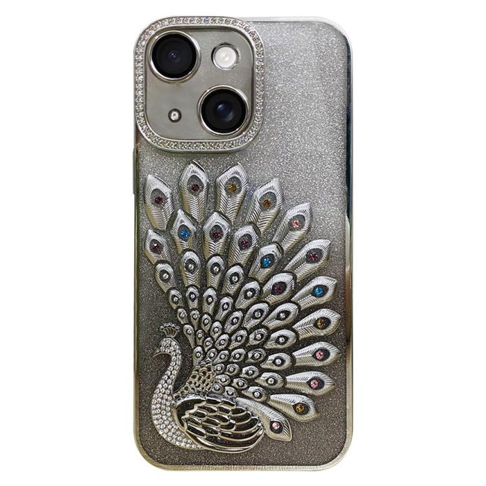 Funda para teléfono de TPU galvanizada con relieve de pavo real, diamantes de imitación y purpurina, con protector de lente., For iPhone 13 Pro, For iPhone 13, For iPhone 11