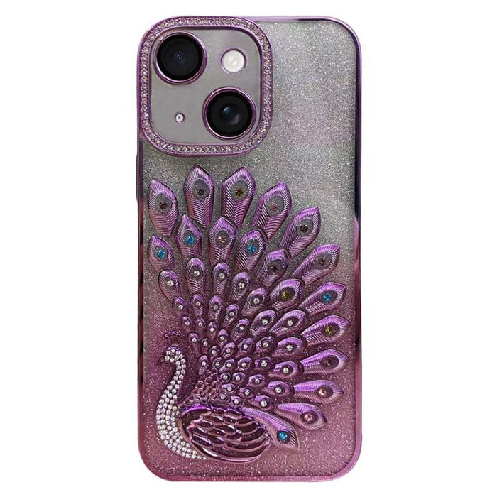 Funda para teléfono de TPU galvanizada con relieve de pavo real, diamantes de imitación y purpurina, con protector de lente., For iPhone 13 Pro, For iPhone 13, For iPhone 11