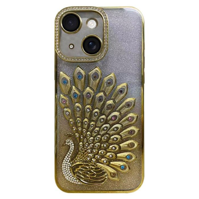 Funda para teléfono de TPU galvanizada con relieve de pavo real, diamantes de imitación y purpurina, con protector de lente., For iPhone 13 Pro, For iPhone 13, For iPhone 11