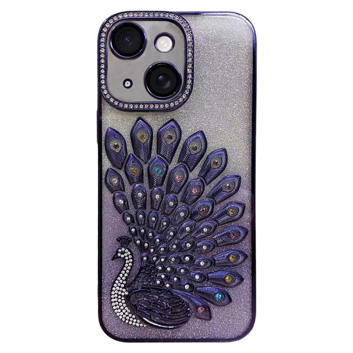 Funda para teléfono de TPU galvanizada con relieve de pavo real, diamantes de imitación y purpurina, con protector de lente., For iPhone 13 Pro, For iPhone 13, For iPhone 11