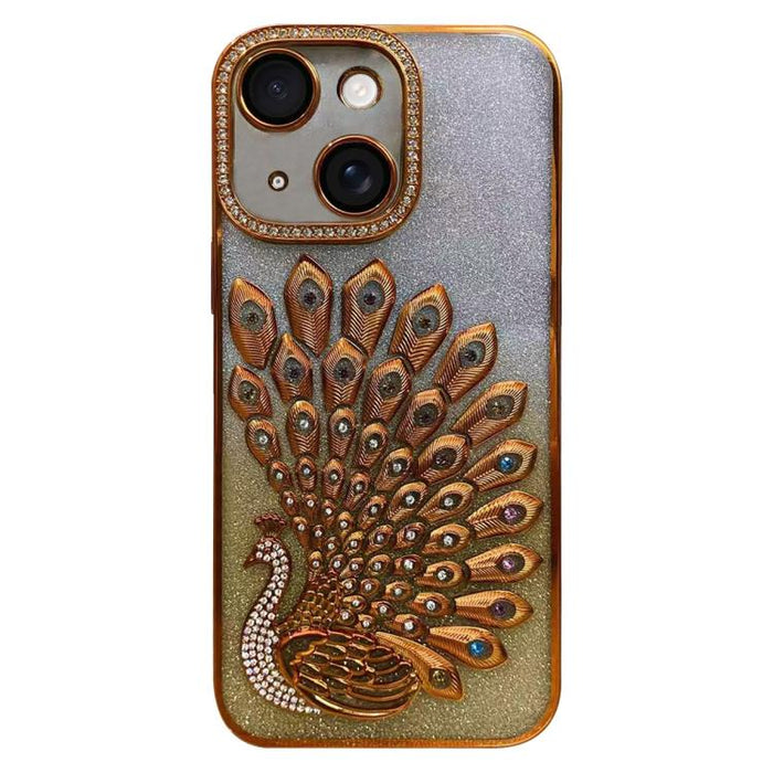 Funda para teléfono de TPU galvanizada con relieve de pavo real, diamantes de imitación y purpurina, con protector de lente., For iPhone 13 Pro, For iPhone 13, For iPhone 11