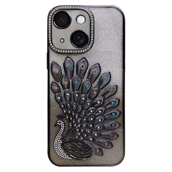 Funda para teléfono de TPU galvanizada con relieve de pavo real, diamantes de imitación y purpurina, con protector de lente., For iPhone 13 Pro, For iPhone 13, For iPhone 11