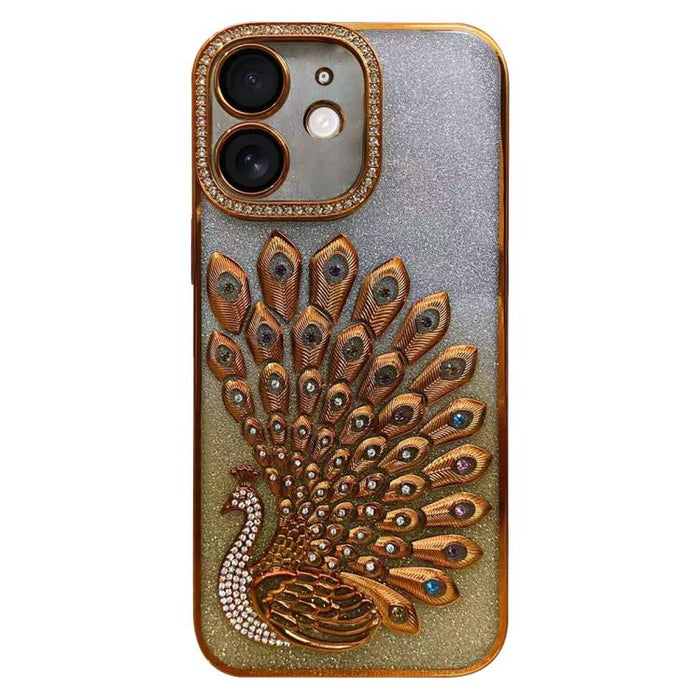 Funda para teléfono de TPU galvanizada con relieve de pavo real, diamantes de imitación y purpurina, con protector de lente., For iPhone 13 Pro, For iPhone 13, For iPhone 11