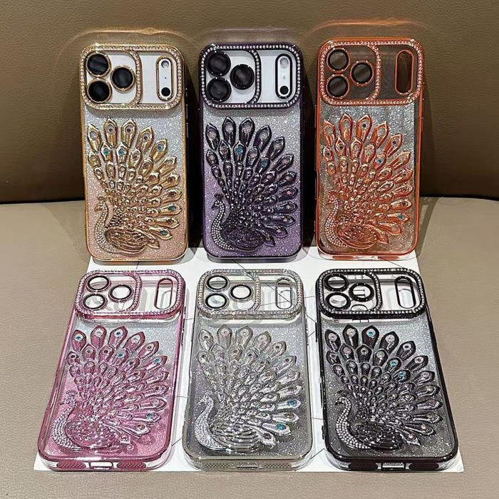 Funda para teléfono de TPU galvanizada con relieve de pavo real, diamantes de imitación y purpurina, con protector de lente., For iPhone 13 Pro, For iPhone 13, For iPhone 11