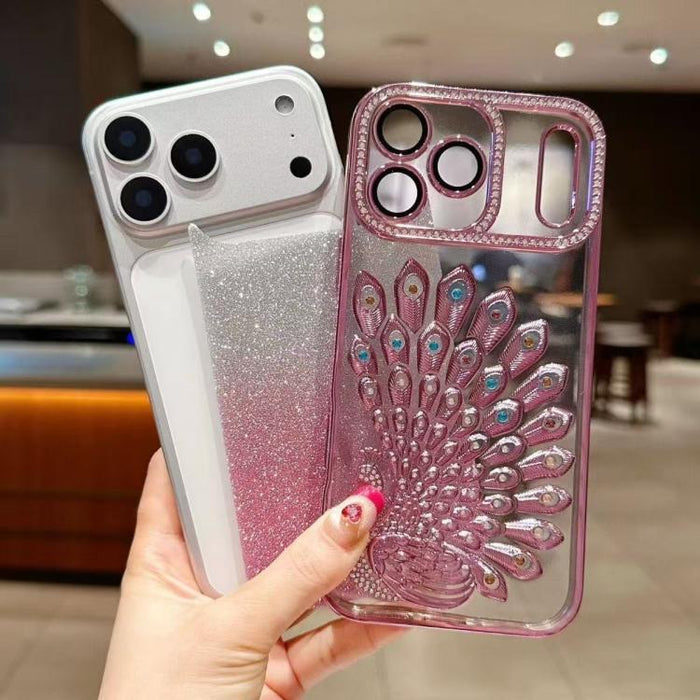 Funda para teléfono de TPU galvanizada con relieve de pavo real, diamantes de imitación y purpurina, con protector de lente., For iPhone 13 Pro, For iPhone 13, For iPhone 11
