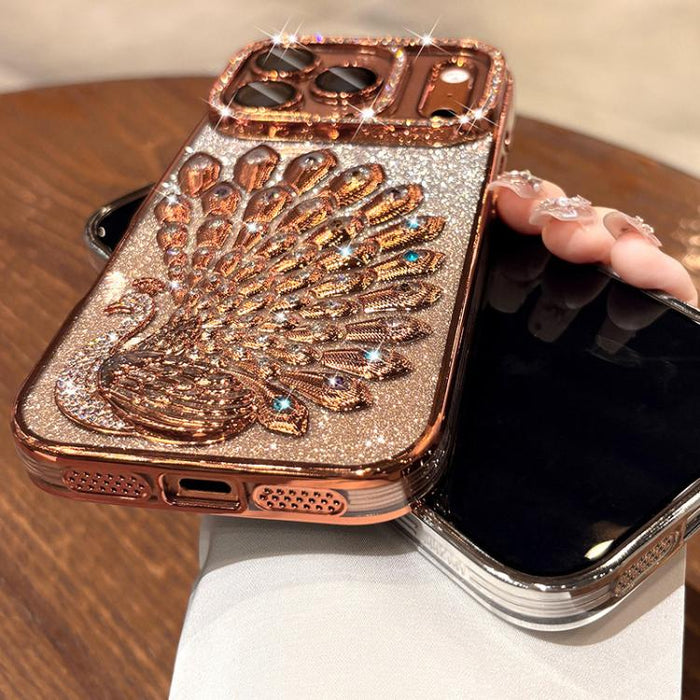 Funda para teléfono de TPU galvanizada con relieve de pavo real, diamantes de imitación y purpurina, con protector de lente., For iPhone 13 Pro, For iPhone 13, For iPhone 11